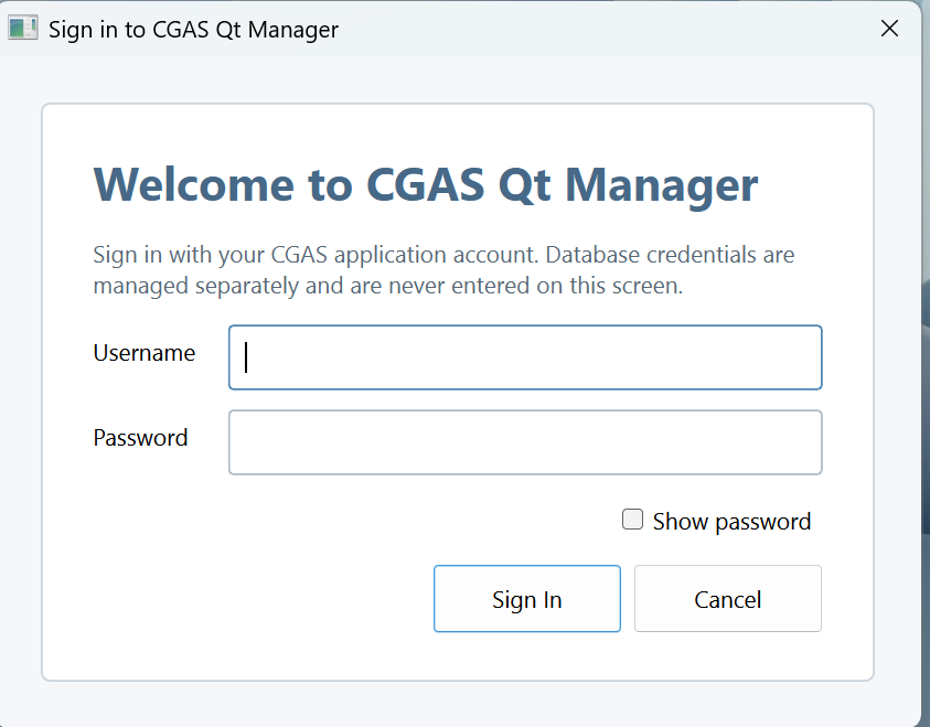 CGAS Qt Manager Sign in screen